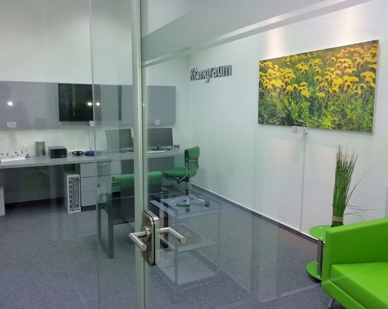 Moderner Besprechungsraum mit Glastür, grüner Einrichtung und Arbeitsplatz mit Computer.